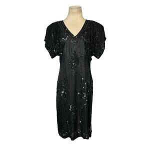Barkha black sequin silk open back formal party dress size small